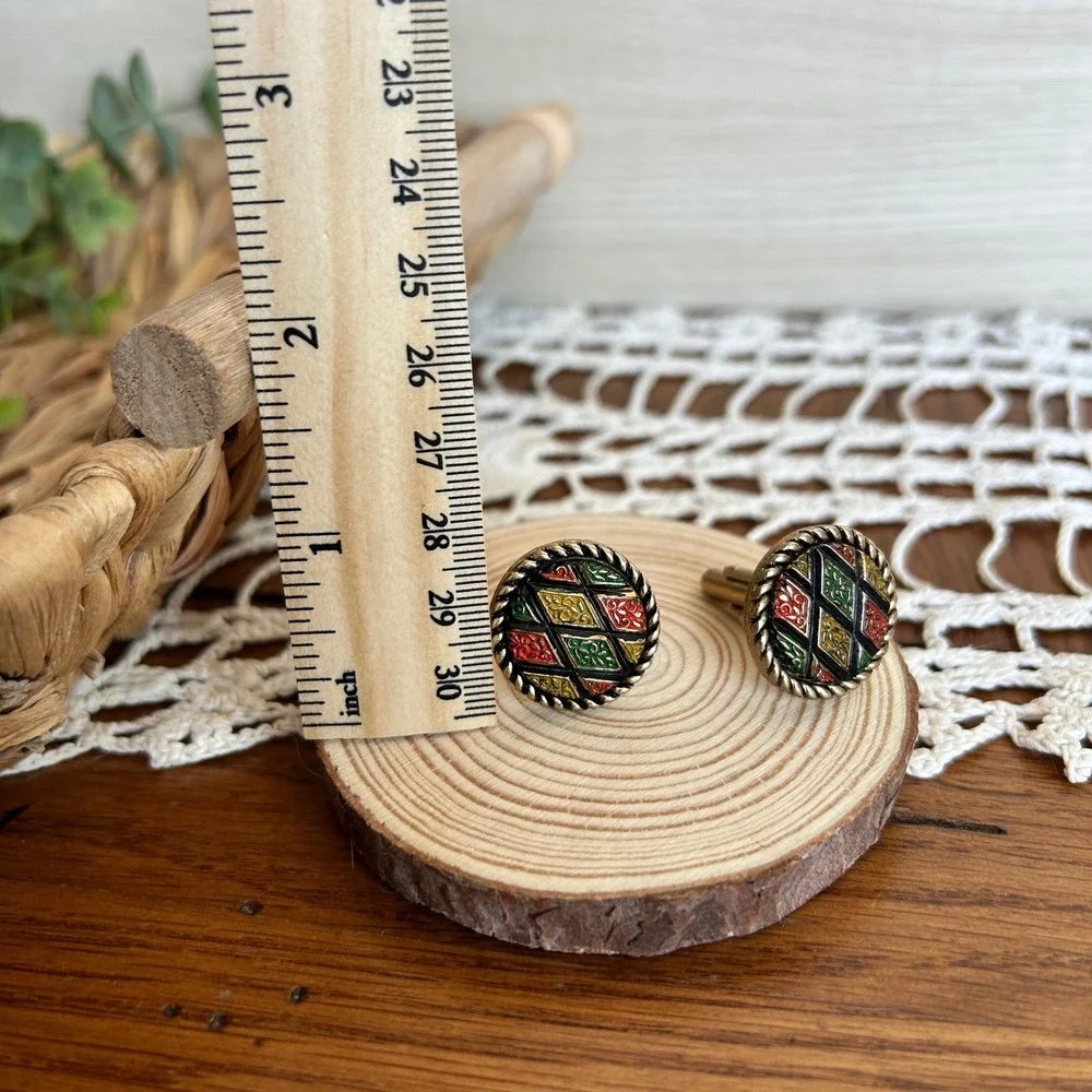 Sarah Coventry Vintage Gold Tone Enamel Harlequin Geometric Cufflinks‎ Round